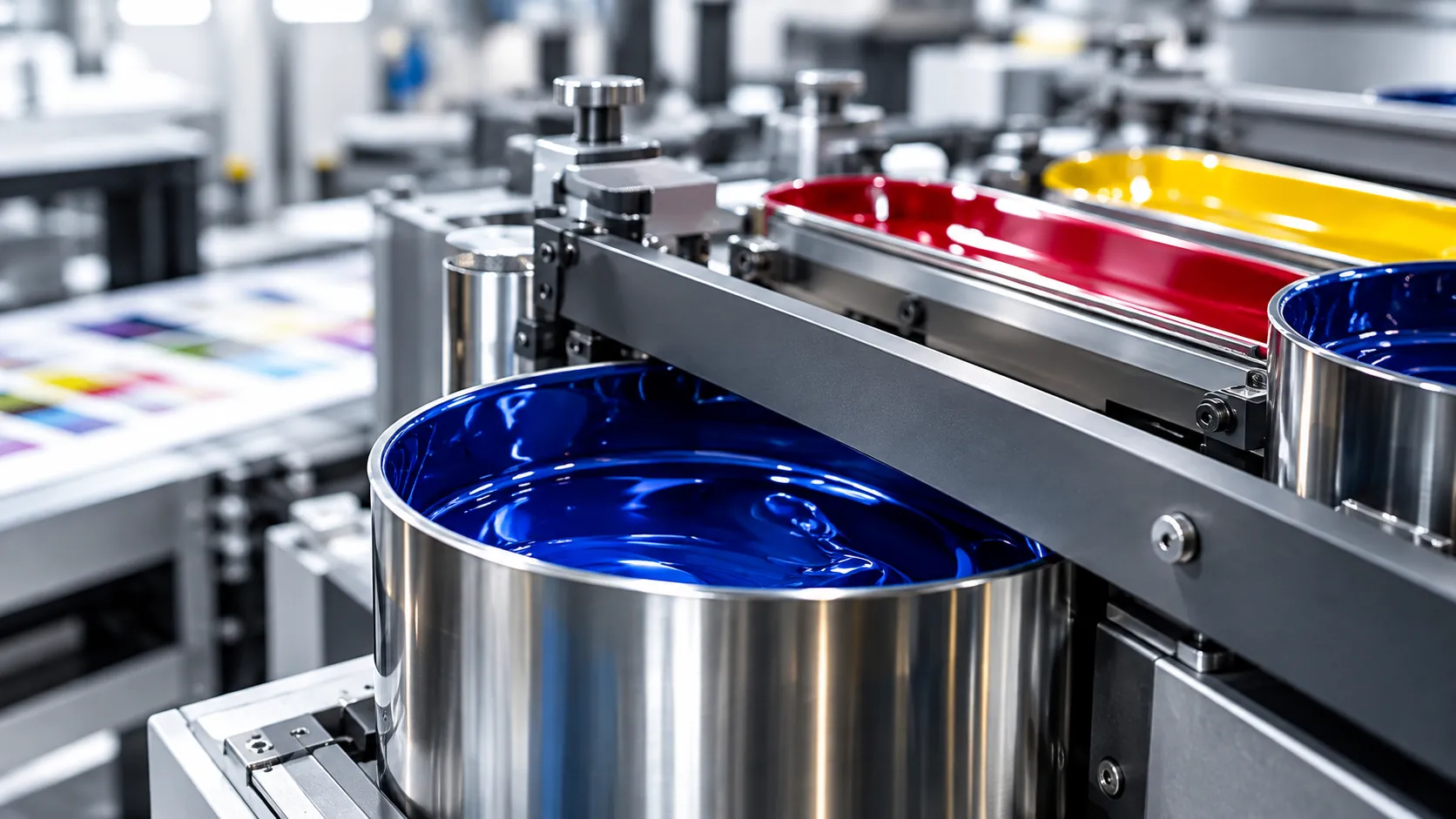 Máquina de impresión offset con tinta azul y roja en los rodillos